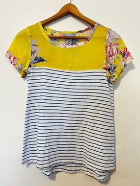 Joules Suzy Short Sleeve Blouse Yellow Floral Blue Stripe Viscose Cotton XS